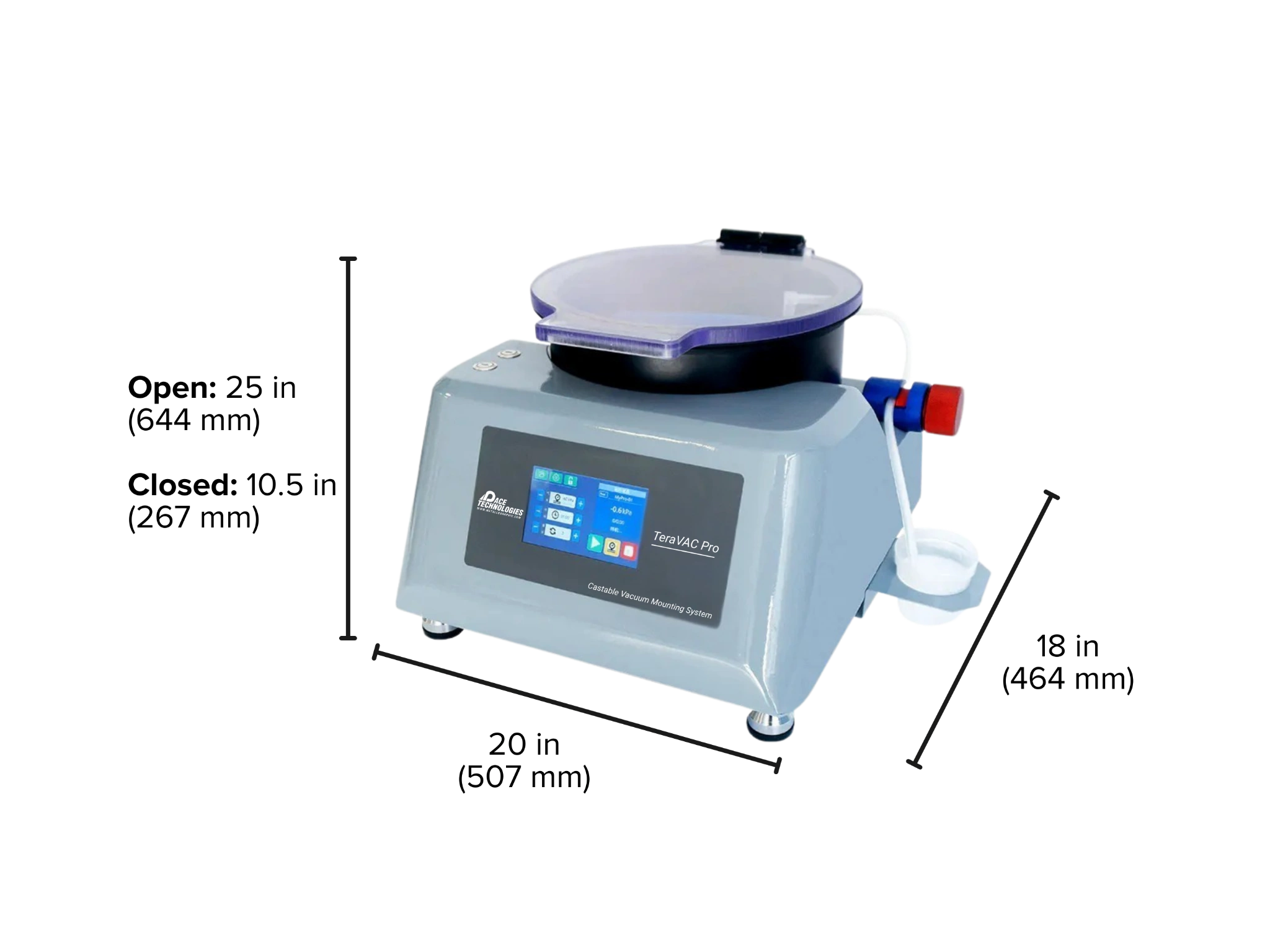 Image of the TeraVAC Pro chamber with key dimensions, such as width, depth, and length